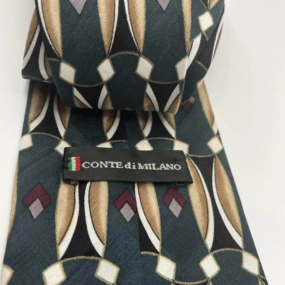 Conte di Milano Men's Necktie GEOMETRIC Abstract Art Deco 100% Silk Green/Black